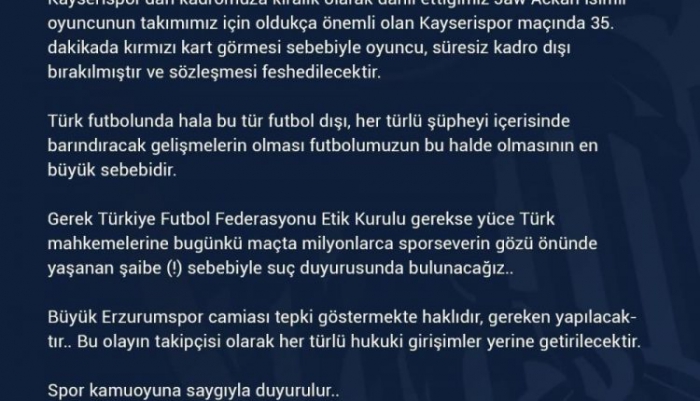 BB Erzurumspor Jaw Achka’yı süresiz kadro dışı bıraktı