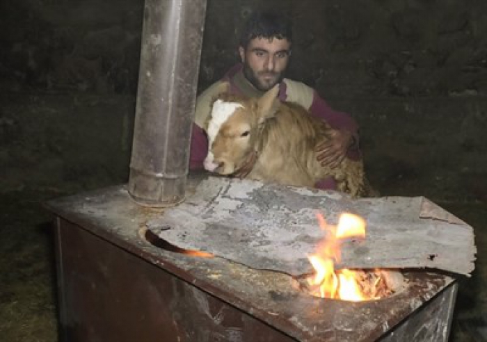 Buzağılar için ahıra soba kurdular 