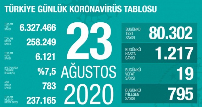 Türkiye’de son 24 saatte 1.217 kişiye koronavirüs tanısı konuldu, 19 kişi hayatını kaybetti