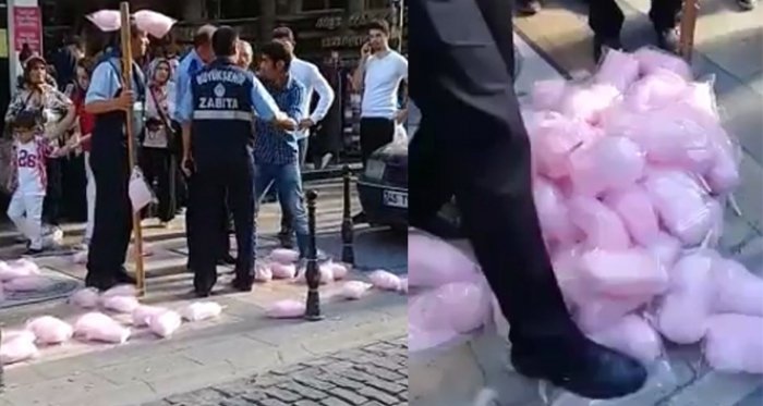 Zabıta, el koyduğu pamuk şekerleri çiğneyerek imha etti